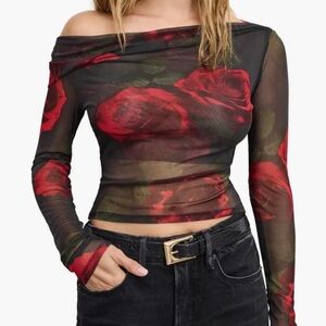 Good American Ruched One-Shoulder Mesh Top in Moody Red Roses001 Size Medium